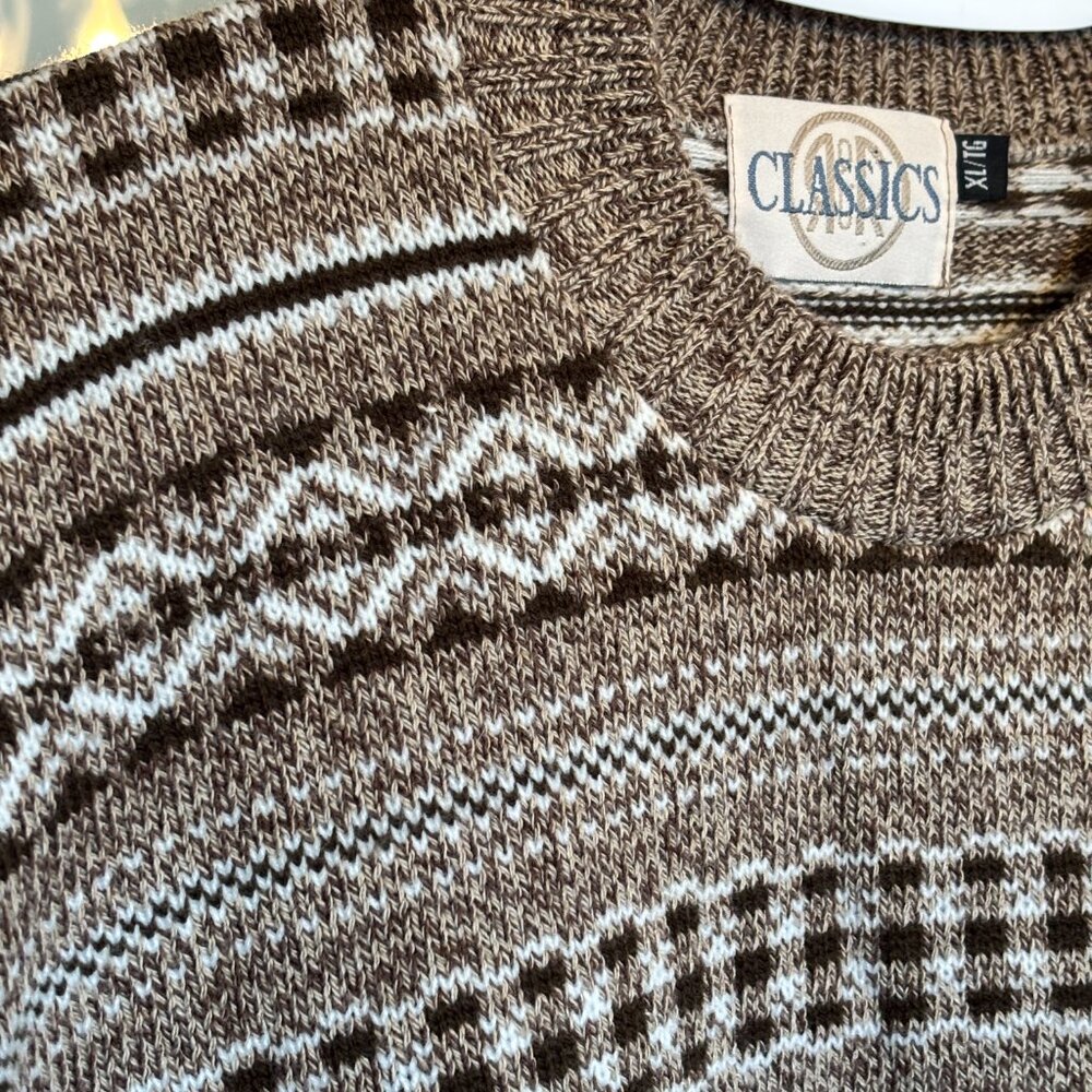 ‼️SOLD‼️ VINTAGE 90s R&R Classics Brown and White Knit Crew Sweater Pullover XL - Picture 7 of 13